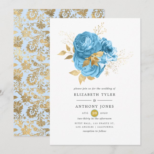 Pastellblaue und goldene Blumenhochzeit Einladung (Vorne/Hinten)