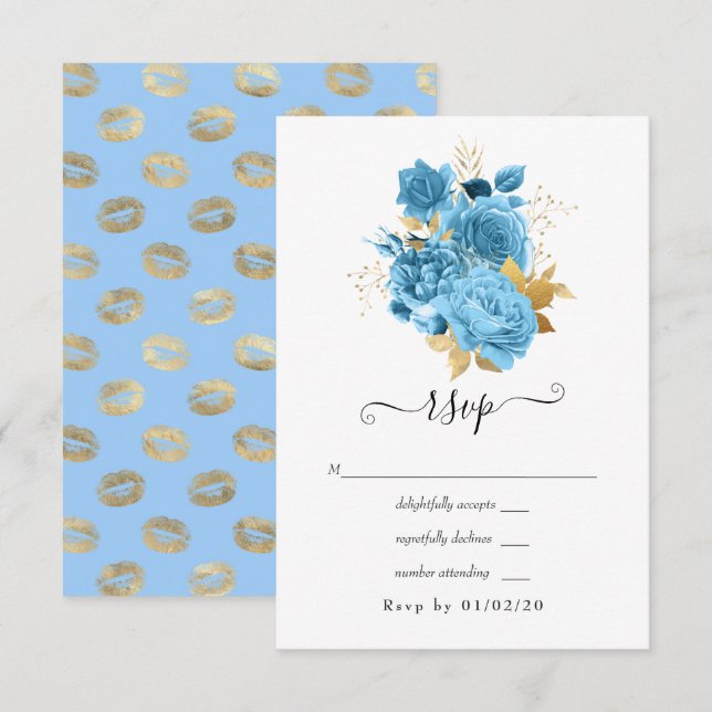 Pastellblaue und goldene Blumenhochzeit RSVP Karte (Vorne/Hinten)