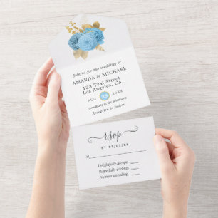 Pastellblaue und goldene Blumenhochzeiten in einem All In One Einladung
