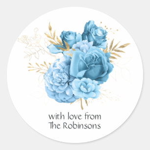 Pastellblaue und goldene florale Hochzeit Runder Aufkleber