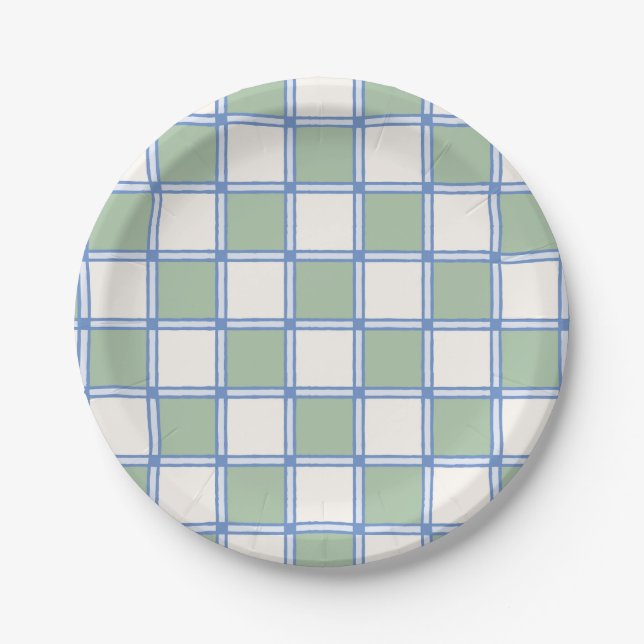 Pastellblaue und grün gestrichene Schachbretter Pappteller (Vorderseite)