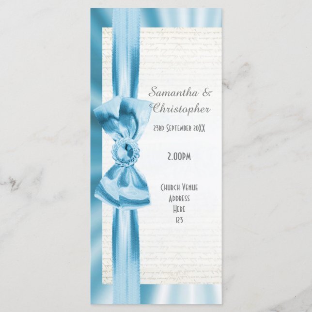 Pastellblaue und weiße Bogenkirche Hochzeitsprogra Programm (Vorderseite)