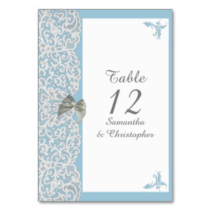Pastellblaue und weiße Damast Hochzeit Tischnummer
