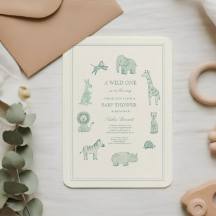Pastellblaue Wasserfarbe Safari-Tiere Baby Shower Einladung