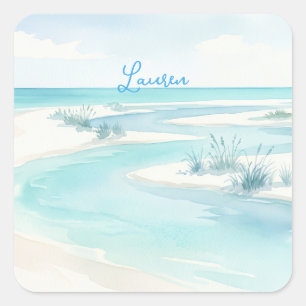 pastellblaue Wasserfarbe Strandwellen Name editier Quadratischer Aufkleber