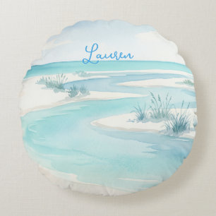 pastellblaue Wasserfarbe Strandwellen Name editier Rundes Kissen