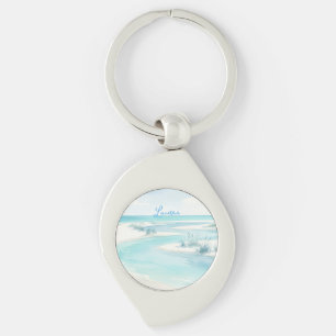 pastellblaue Wasserfarbe Strandwellen Name editier Schlüsselanhänger