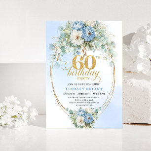 Pastellblaue weiße Pfingstrose floral gold 60. Geb Einladung