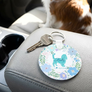 Pastellblauer Cavalier King Charles Spaniel Floral Schlüsselanhänger