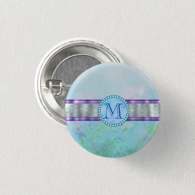 Pastellblauer Floral Monogramm Button (Vorne & Hinten)