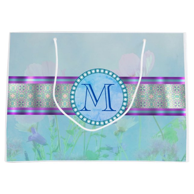 Pastellblauer Floral Monogramm Große Geschenktüte (Vorderseite)