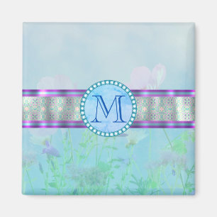 Pastellblauer Floral Monogramm Magnet