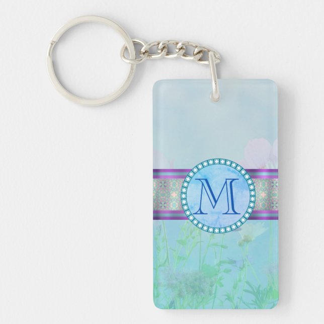 Pastellblauer Floral Monogramm Schlüsselanhänger (Vorderseite)