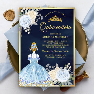 Pastellblaues Blumenkleid Navy Gold Quinceanera Einladung