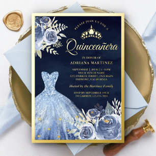 Pastellblaues Blumenkleid Navy Quinceanera Gold Folieneinladung