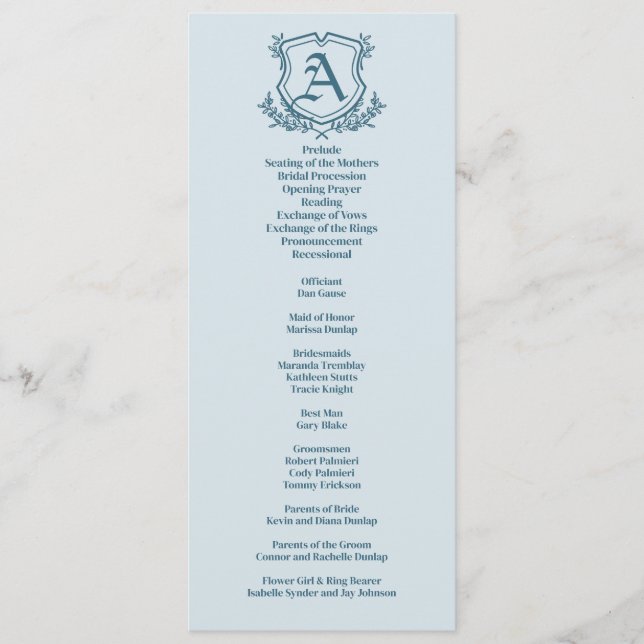 Pastellblaues Leaf und blumenmonogramm Hochzeit Programm (Vorderseite)