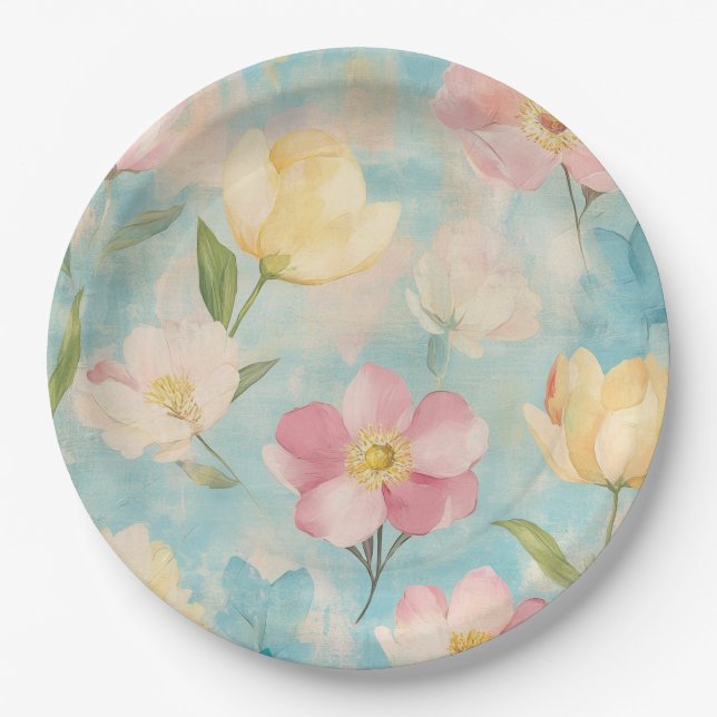 Pastellblumen. Gartenschönheit.  Pappteller (Vorderseite)