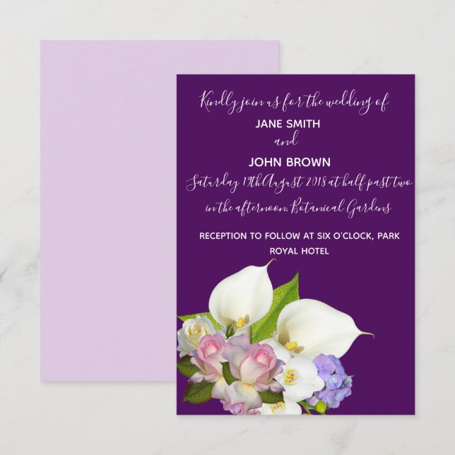 Pastellblumen und lila Hochzeitstil Einladung (Vorne/Hinten)