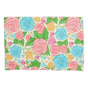 Pastellblumen und Rosen - Rosa Blau und Beige Kissenbezug