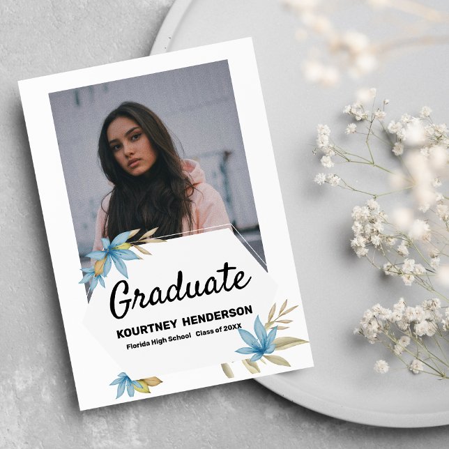 Pastellbraun-blaue Blume Foto Graduation Party Einladung (Pastel brown blue flower Photo Graduation Party)