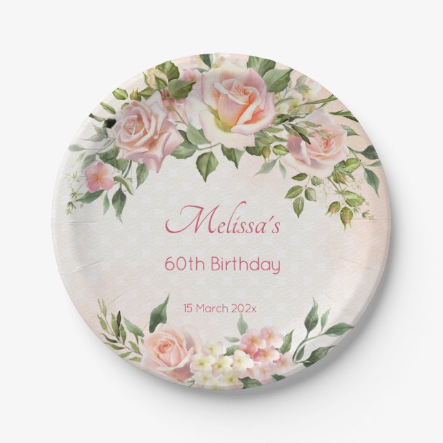 Pastellcreme Rosa Rosen personalisiert Pappteller (Vorderseite)