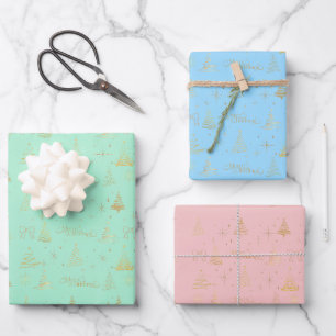 Pastelle mit eleganten Gold Weihnachtsbaumdoodles Geschenkpapier Set