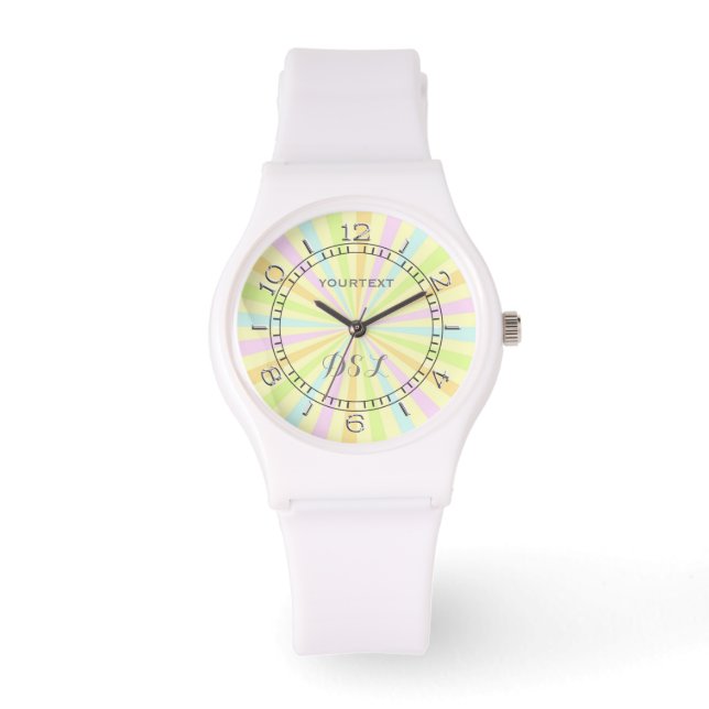 Pastelle Spinnrad Sun Burst Monogram Armbanduhr (Vorderseite)