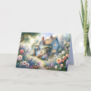 Pastellene Cottage-Garten-Blumenhaus-Szene Karte