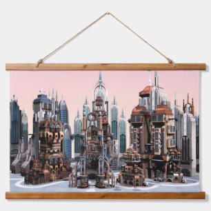 Pastellene futuristische Stadt Fantasy-Skyline-Kun Wandteppich Mit Holzrahmen