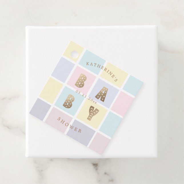 Pastellfarbblock Goldbrasse Babydusche Geschenkanhänger (Beispiel)