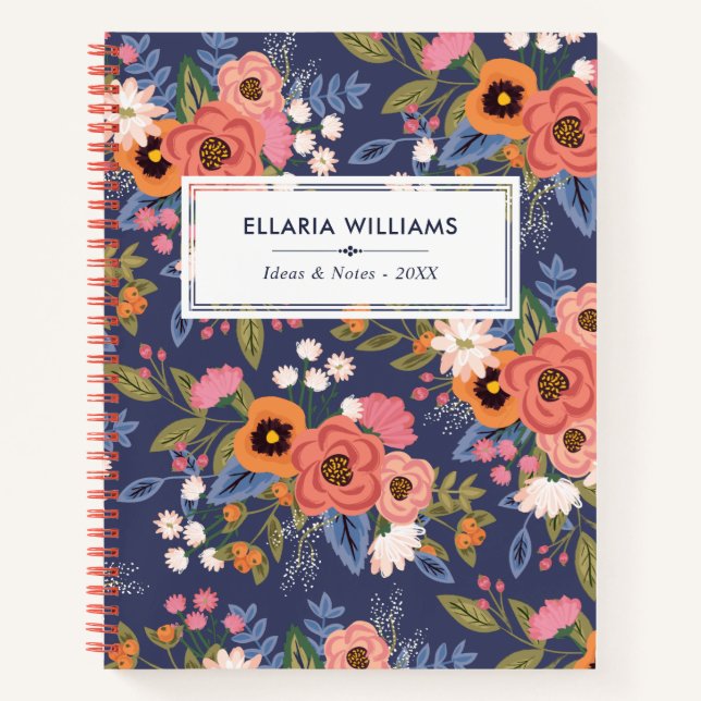 Pastellfarben & Dark Blue Boho Blumenmuster Name Notizbuch (Vorderseite)