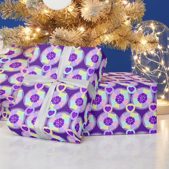 Pastellfarben & lila Herzen schlagen Geschenkpapier (Feiertage)