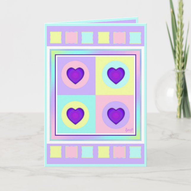 Pastellfarben & lila Herzen schlagen leere Karte (Vorderseite)