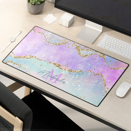 Pastellfarben Pink Blue Agate Glitzer Monogramm Schreibtischunterlage