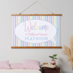 Pastellfarben Regenbogen gestreift Kinderspielplat Wandteppich Mit Holzrahmen
