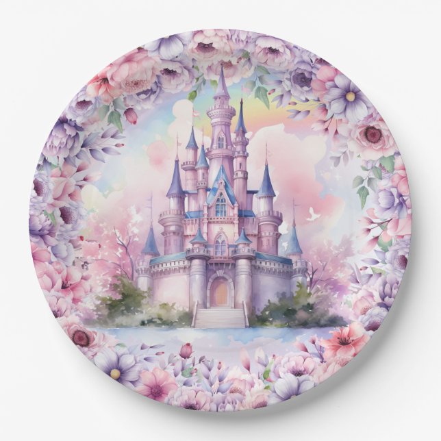 Pastellfarben Rosa Einhorn und Fairy Burg Pappteller (Vorderseite)