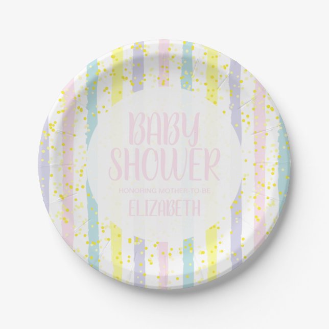 Pastellfarben Streifen Girl Babydusche Pappteller (Vorderseite)