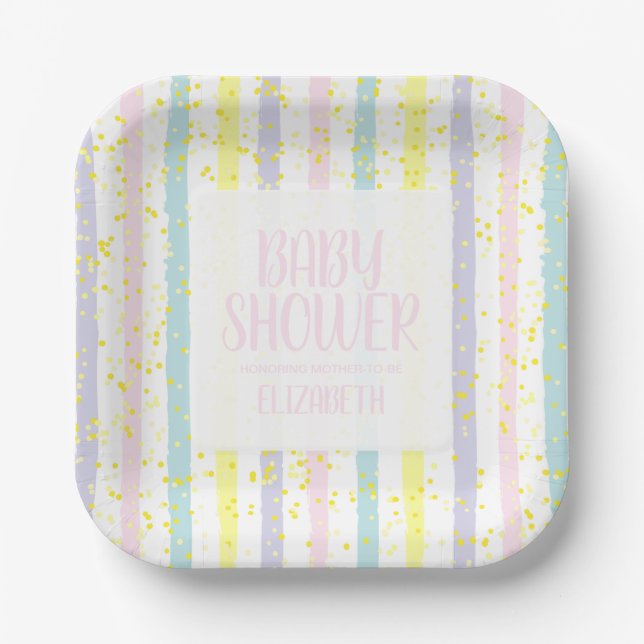 Pastellfarben Streifen Girl Babydusche Pappteller (Vorderseite)