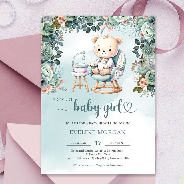 Pastellfarben Teddy Bären Mädchen Einladung (Watercolor cute teddy bear pastel colors girl baby shower invitation)