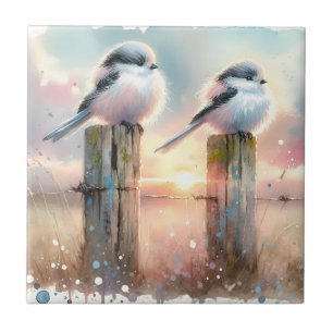 Pastellfarbene Aquarellvögel auf einem Zaunpfosten Fliese