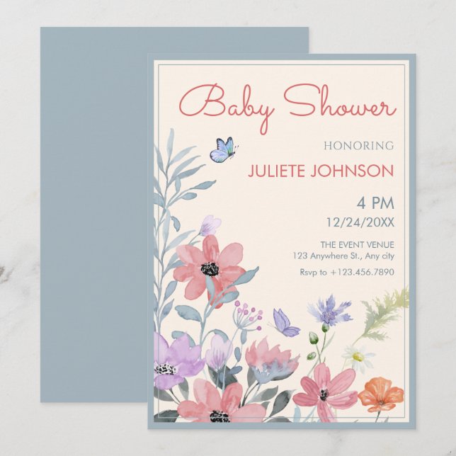 Pastellfarbene Blume Schmetterling Babydusche Einladung (Vorne/Hinten)