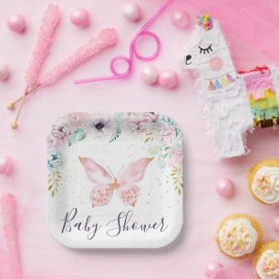 Pastellfarbene Blumen- und Schmetterlings-Babypart Pappteller