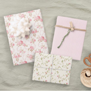 Pastellfarbene Blumenrosen Streifen Elegante Hochz Geschenkpapier Set