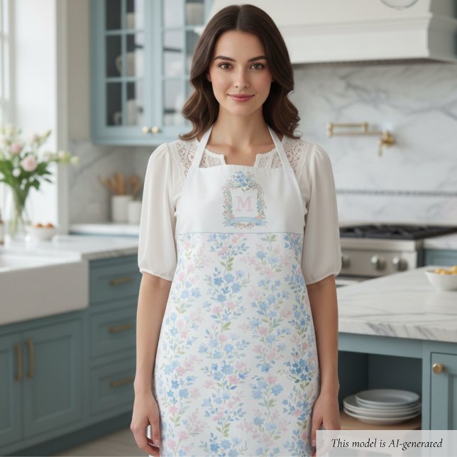 Pastellfarbene Florale Personalisierte Monogramm Schürze (elegant preppy grandmillennial pink blue floral pattern apron with family crest and custom initial )