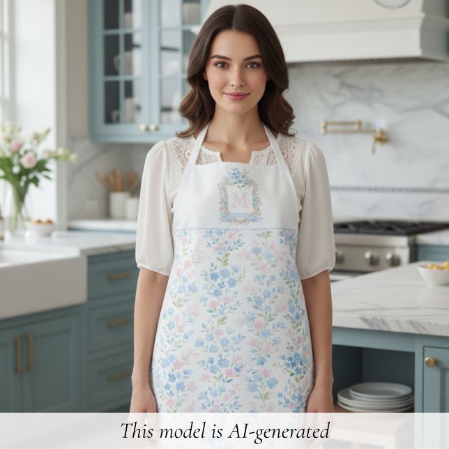 Pastellfarbene Florale Personalisierte Monogramm Schürze (elegant preppy grandmillennial pink blue floral pattern apron with family crest and custom initial )