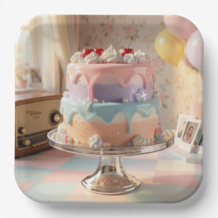Pastellfarbene Glas-Geburtstagstorte mit Kirschen Pappteller