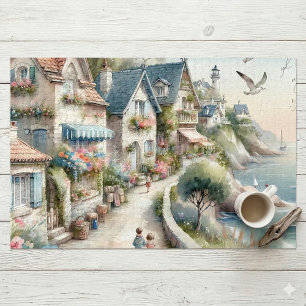 Pastellfarbene Küsten-Cottage-Dorf-Flucht