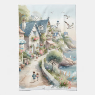 Pastellfarbene Küsten-Cottage-Dorf-Flucht Geschirrtuch