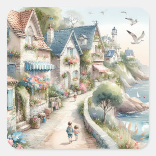 Pastellfarbene Küstenhaus-Dorf-Flucht Quadratischer Aufkleber