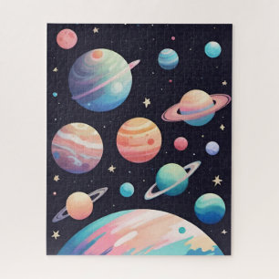 Pastellfarbene Planeten im dunklen Raum